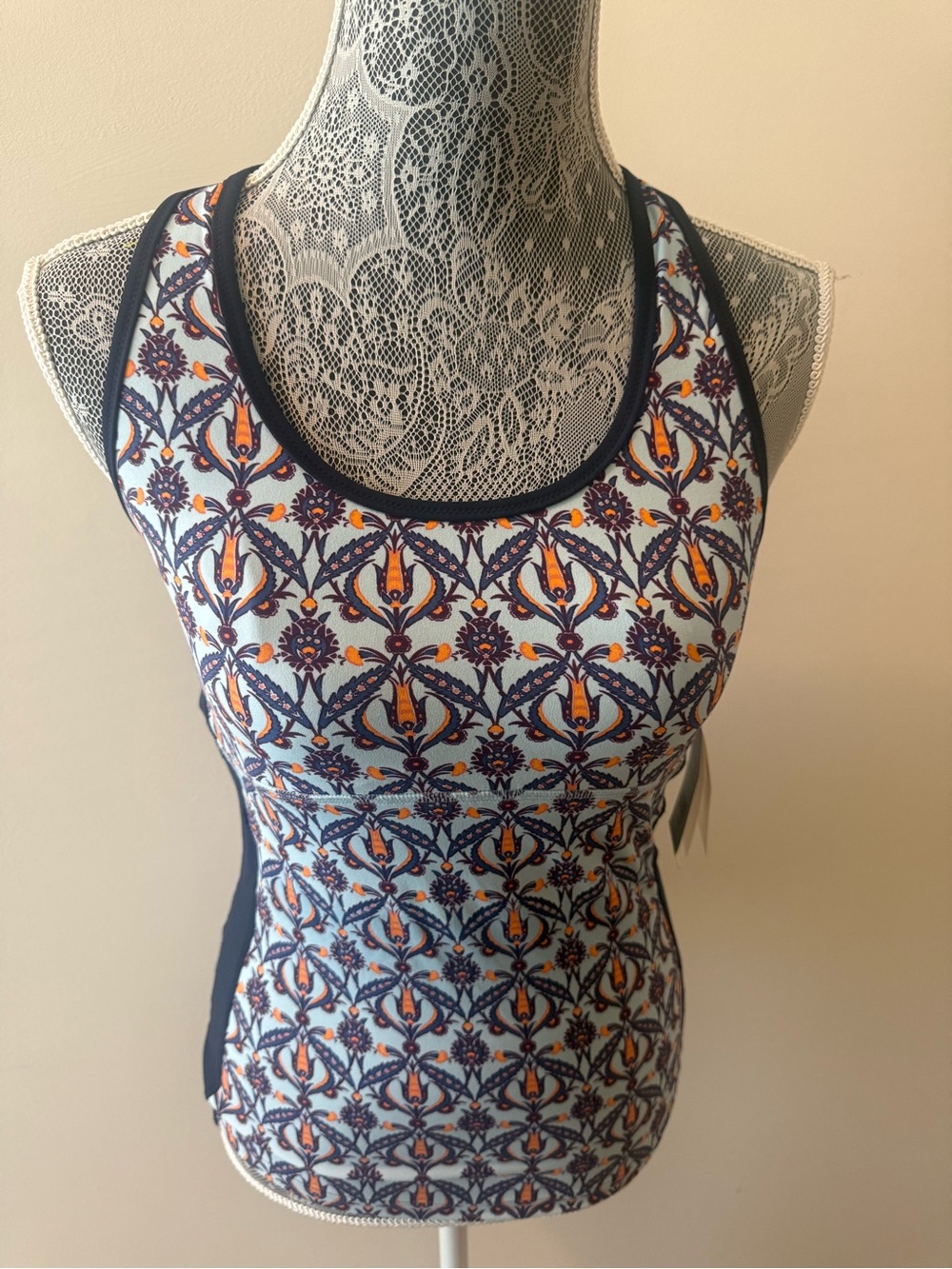 Tory Sport Light Blue, Navy & Orange Patterned Athletic Tank
